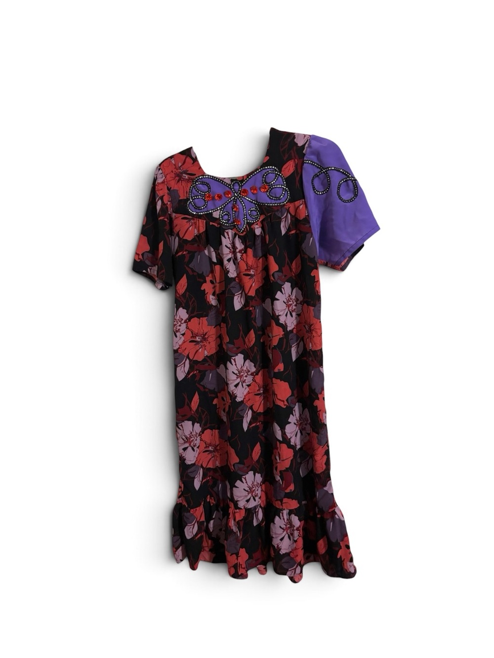 Floral Print Black Red Purple Beaded Butterfly Beaded Caftan House Dress Small